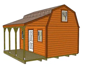 Easy 12x16 barn shed plans with porch.  How to build a small barn using 3d construction models , building guides and materials lists.