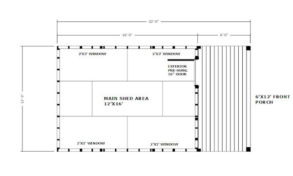 Floor plan for this 12x22 gable shed plan.