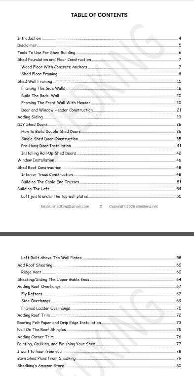 Table of Contents for the barn building guide