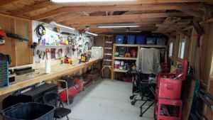 Jeff's workshop in his 12x20 saltbox style shed