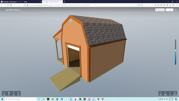 Virtual backyard shed designs for 12x16 barn shed with side porch.